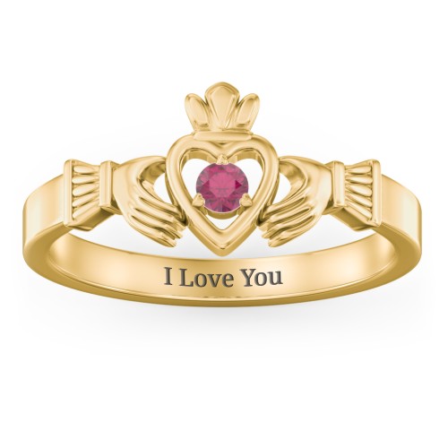 Round Stone Claddagh Ring – 18K Gold Plated Silver with Ruby