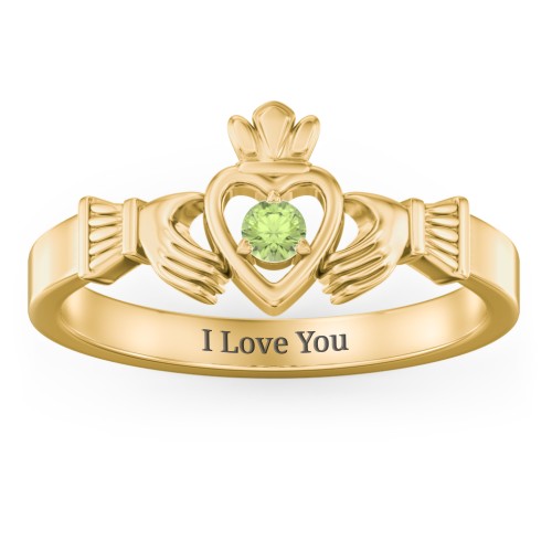 Round Stone Claddagh Ring – 18K Gold Plated Silver with Peridot