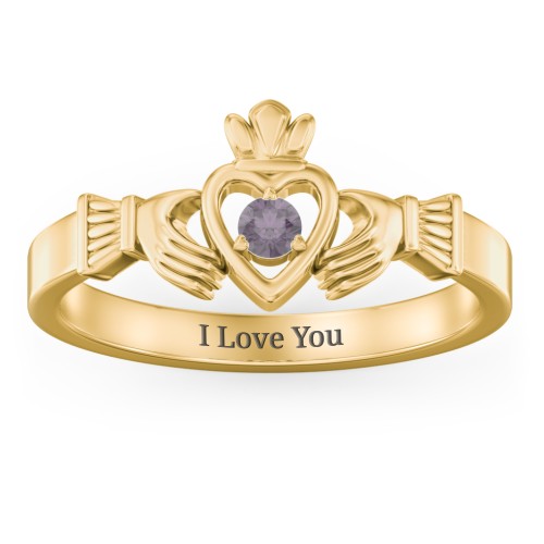 Round Stone Claddagh Ring – 18K Gold Plated Silver with Alexandrite