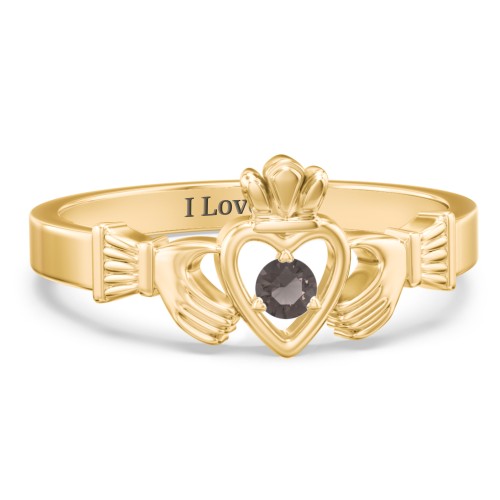 Round Stone Claddagh Ring – 18K Gold Plated Silver with Smokey Quartz