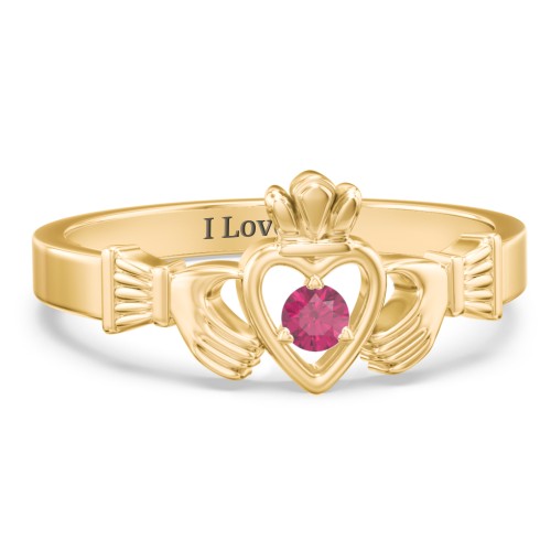 Round Stone Claddagh Ring – 18K Gold Plated Silver with Ruby
