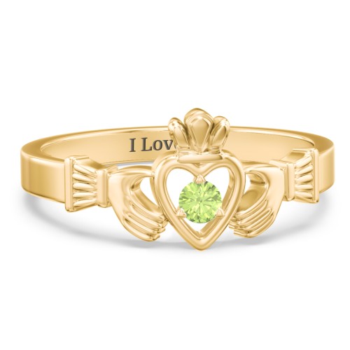Round Stone Claddagh Ring – 18K Gold Plated Silver with Peridot