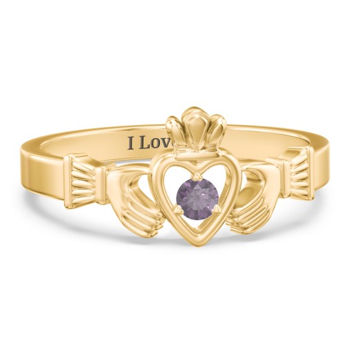 Round Stone Claddagh Ring – 18K Gold Plated Silver with Alexandrite