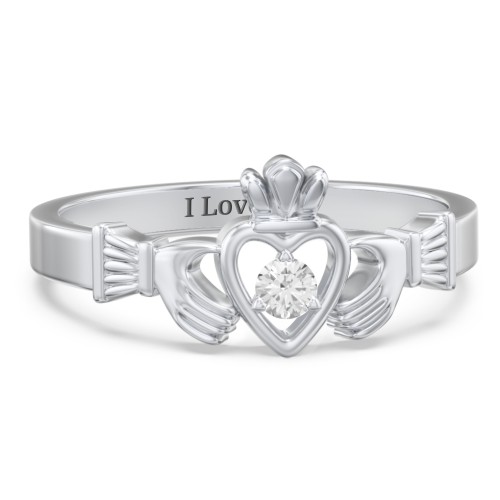 Round Stone Claddagh Ring – Sterling Silver with Cubic Zirconia