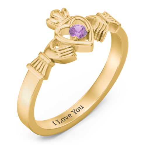 Round Stone Claddagh Ring – 10K Yellow Gold with Amethyst