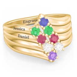 8 Stone Wave Ring in 10K Solid Yellow Gold with Emerald, Ruby, Cubic Zirconia, Amethyst, and Blue Sapphire