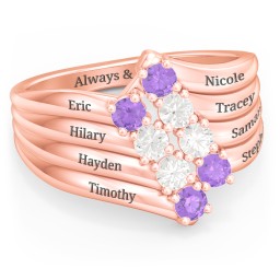 8 Stone Wave Ring in 10K Solid Rose Gold with Amethyst and Cubic Zirconia