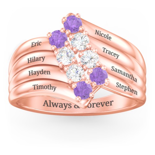 8 Stone Wave Ring – 10K Rose Gold with Amethyst and Cubic Zirconia