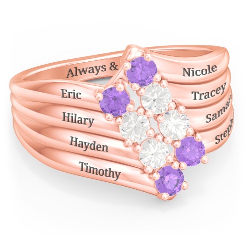 8 Stone Wave Ring – 10K Rose Gold with Amethyst and Cubic Zirconia