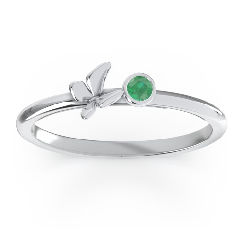 Stacking Butterfly Ring with Bezeled Gemstone – Sterling Silver with Emerald