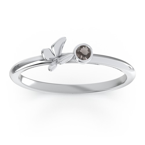 Stacking Butterfly Ring with Bezeled Gemstone – Sterling Silver with Smokey Quartz