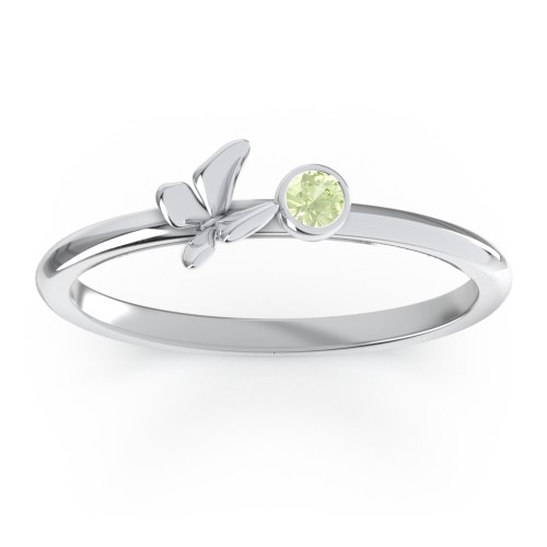 Stacking Butterfly Ring with Bezeled Gemstone – Sterling Silver with Peridot