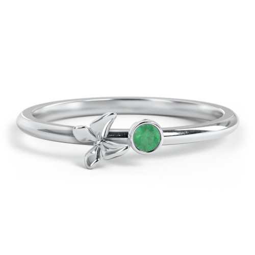 Stacking Butterfly Ring with Bezeled Gemstone – Sterling Silver with Emerald