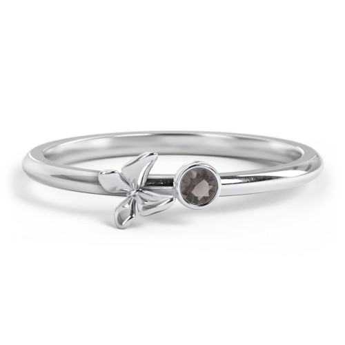Stacking Butterfly Ring with Bezeled Gemstone – Sterling Silver with Smokey Quartz