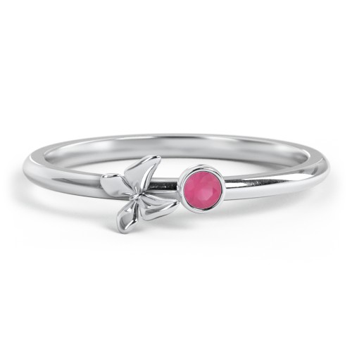 Stacking Butterfly Ring with Bezeled Gemstone – Sterling Silver with Ruby