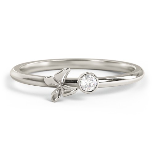 Stacking Butterfly Ring with Bezeled Gemstone – 10K White Gold with Cubic Zirconia