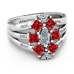 Arachna Center Marquise and Princess Ring with Accents – Sterling Silver with Cubic Zirconia and Garnet