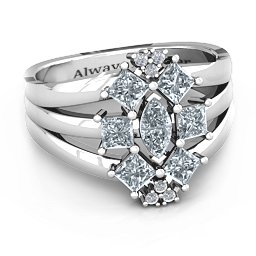 Arachna Center Marquise and Princess Ring with Accents in 925 Sterling Silver with Diamond