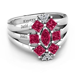 Arachna Center Marquise and Princess Ring with Accents in 925 Sterling Silver with Ruby