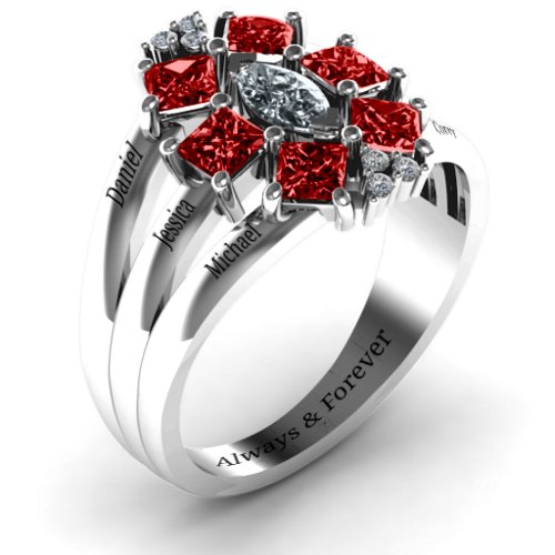 Arachna Center Marquise and Princess Ring with Accents – Sterling Silver with Cubic Zirconia and Garnet