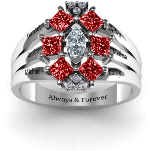 Arachna Center Marquise and Princess Ring with Accents – Sterling Silver with Cubic Zirconia and Garnet