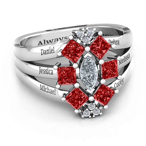 Arachna Center Marquise and Princess Ring with Accents – Sterling Silver with Cubic Zirconia and Garnet