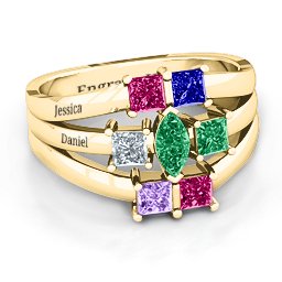 Charlotte Center Marquise and Princess Ring in 10K Solid Yellow Gold with Emerald, Ruby, Cubic Zirconia, Amethyst, and Blue Sapphire