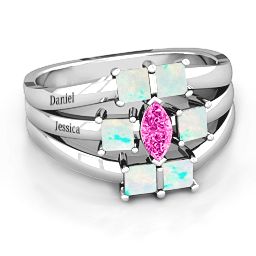 Charlotte Center Marquise and Princess Ring in 925 Sterling Silver with Pink Tourmaline and Opal