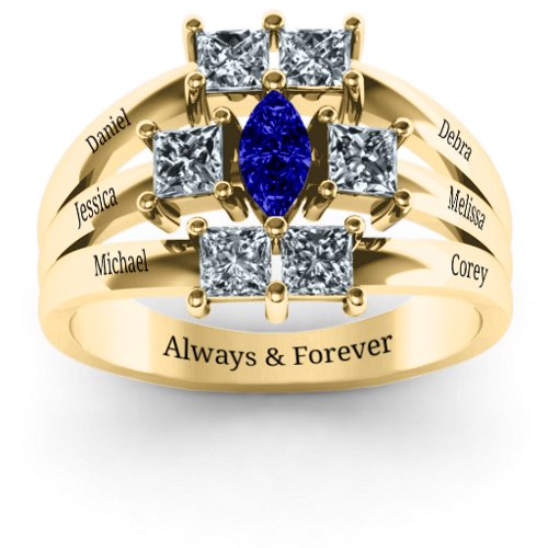 Charlotte Center Marquise and Princess Ring – 10K Yellow Gold with Blue Sapphire and Cubic Zirconia