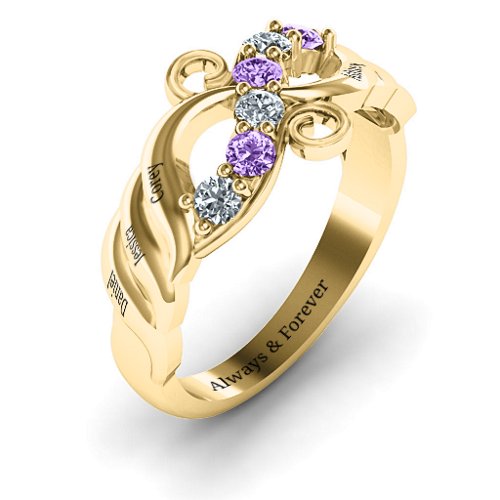 Ariel Wave and Swirl Ring – 10K Yellow Gold with Cubic Zirconia and Amethyst