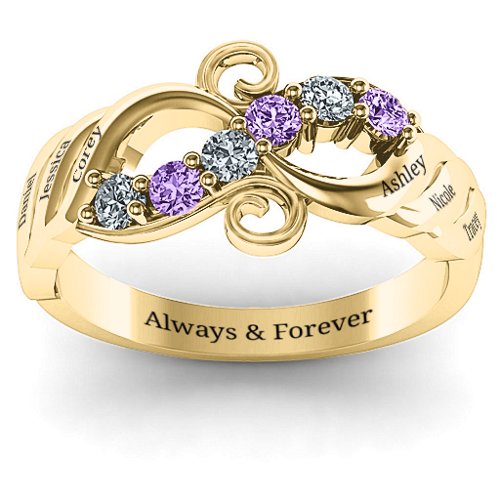 Ariel Wave and Swirl Ring – 10K Yellow Gold with Cubic Zirconia and Amethyst