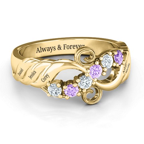 Ariel Wave and Swirl Ring – 10K Yellow Gold with Cubic Zirconia and Amethyst