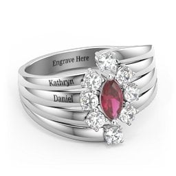 Multi Row Ring with Marquise and Round Cut Gemstones in 925 Sterling Silver with Ruby and Cubic Zirconia