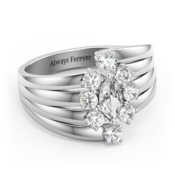Multi Row Ring with Marquise and Round Cut Gemstones in 925 Sterling Silver with Diamond