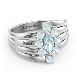 Multi Row Ring with Marquise and Round Cut Gemstones in 925 Sterling Silver with Aquamarine