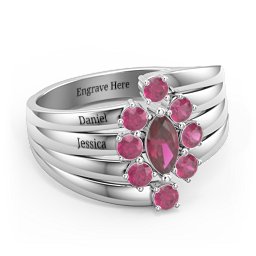 Multi Row Ring with Marquise and Round Cut Gemstones in 925 Sterling Silver with Ruby