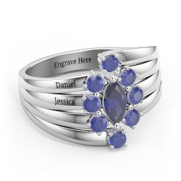Multi Row Ring with Marquise and Round Cut Gemstones in 925 Sterling Silver with Blue Sapphire