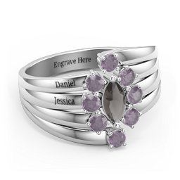 Multi Row Ring with Marquise and Round Cut Gemstones in 925 Sterling Silver with Smokey Quartz and Alexandrite