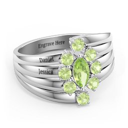 Multi Row Ring with Marquise and Round Cut Gemstones in 925 Sterling Silver with Peridot