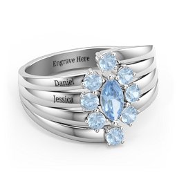 Multi Row Ring with Marquise and Round Cut Gemstones in 925 Sterling Silver with Blue Topaz