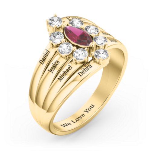 Multi Row Ring with Marquise and Round Cut Gemstones – 10K Yellow Gold with Ruby and Cubic Zirconia