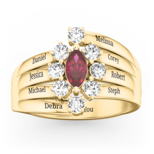 Multi Row Ring with Marquise and Round Cut Gemstones – 10K Yellow Gold with Ruby and Cubic Zirconia
