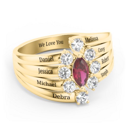 Multi Row Ring with Marquise and Round Cut Gemstones – 10K Yellow Gold with Ruby and Cubic Zirconia