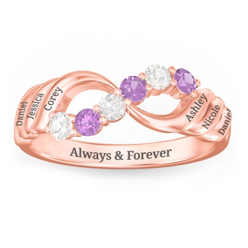 Engravable Infinity Wave Ring with Gemstones – 10K Rose Gold with Cubic Zirconia and Amethyst