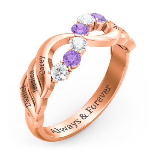 Engravable Infinity Wave Ring with Gemstones – 10K Rose Gold with Cubic Zirconia and Amethyst