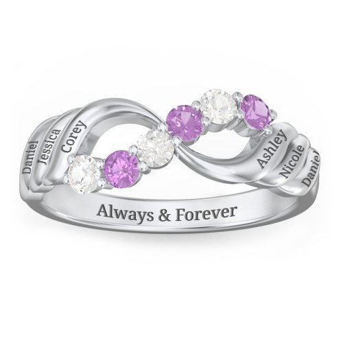 Engravable Infinity Wave Ring with Gemstones – Sterling Silver with Cubic Zirconia and Amethyst