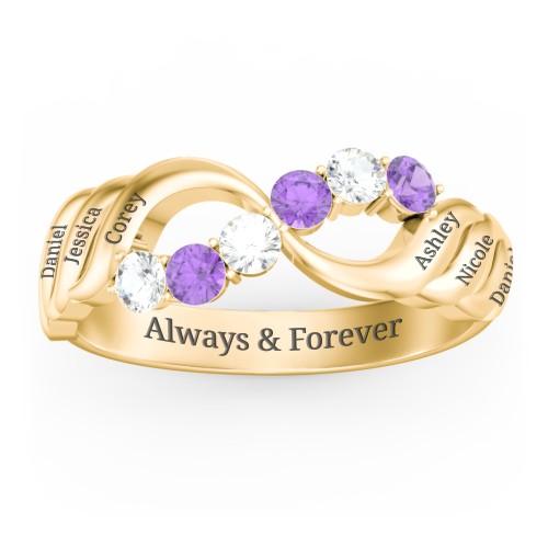 Engravable Infinity Wave Ring with Gemstones – 10K Yellow Gold with Cubic Zirconia and Amethyst