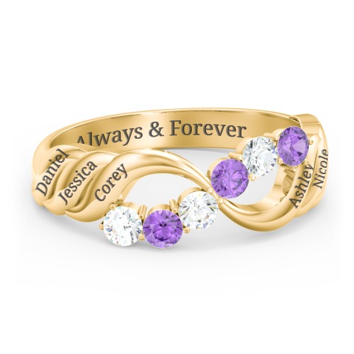 Engravable Infinity Wave Ring with Gemstones – 10K Yellow Gold with Cubic Zirconia and Amethyst