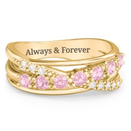 7 Stone Crossover Ring with Accents in 10K Solid Yellow Gold with Pink Tourmaline and White Premium Zirconia