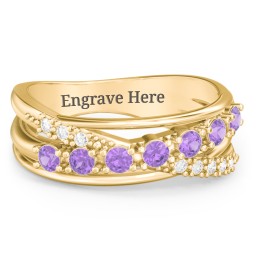 7 Stone Crossover Ring with Accents in 10K Solid Yellow Gold with Amethyst and White Premium Zirconia